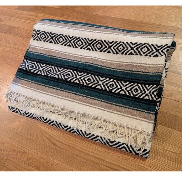 Southwest vintage handmade woven wool striped blanket with fringe 54 X 80